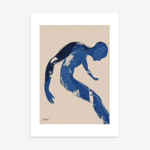 Minimalist blue figure bending forward on beige background, expressive brushstrokes creating movement.