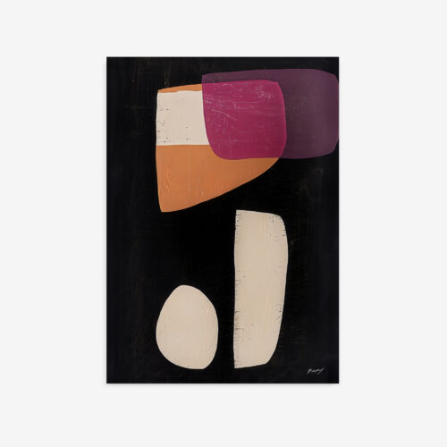 Abstract geometric shapes in burgundy, orange and cream floating on black canvas background.