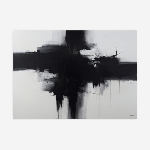 Bold black brushstrokes intersect dramatically on white canvas, creating dynamic abstract expression
