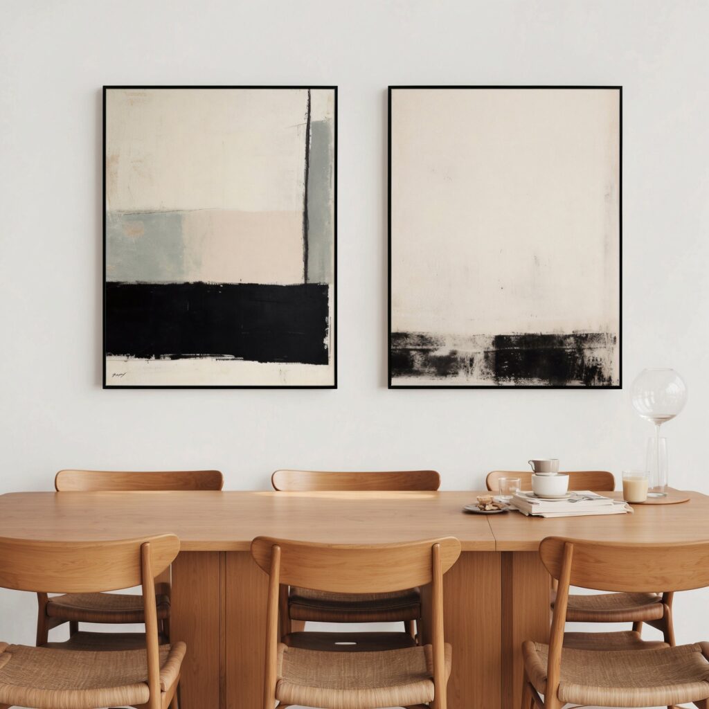 Black and beige abstract canvas art over wooden dining table with mid-century chairs.