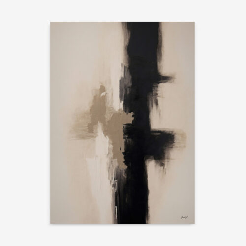 Abstract minimalist painting with bold black vertical brushstroke on neutral beige canvas.