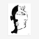 Minimalist face drawing with bold black silhouette contrasting delicate line work