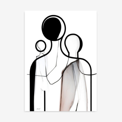 Minimalist black line drawing depicting three connected figures in abstract family form
