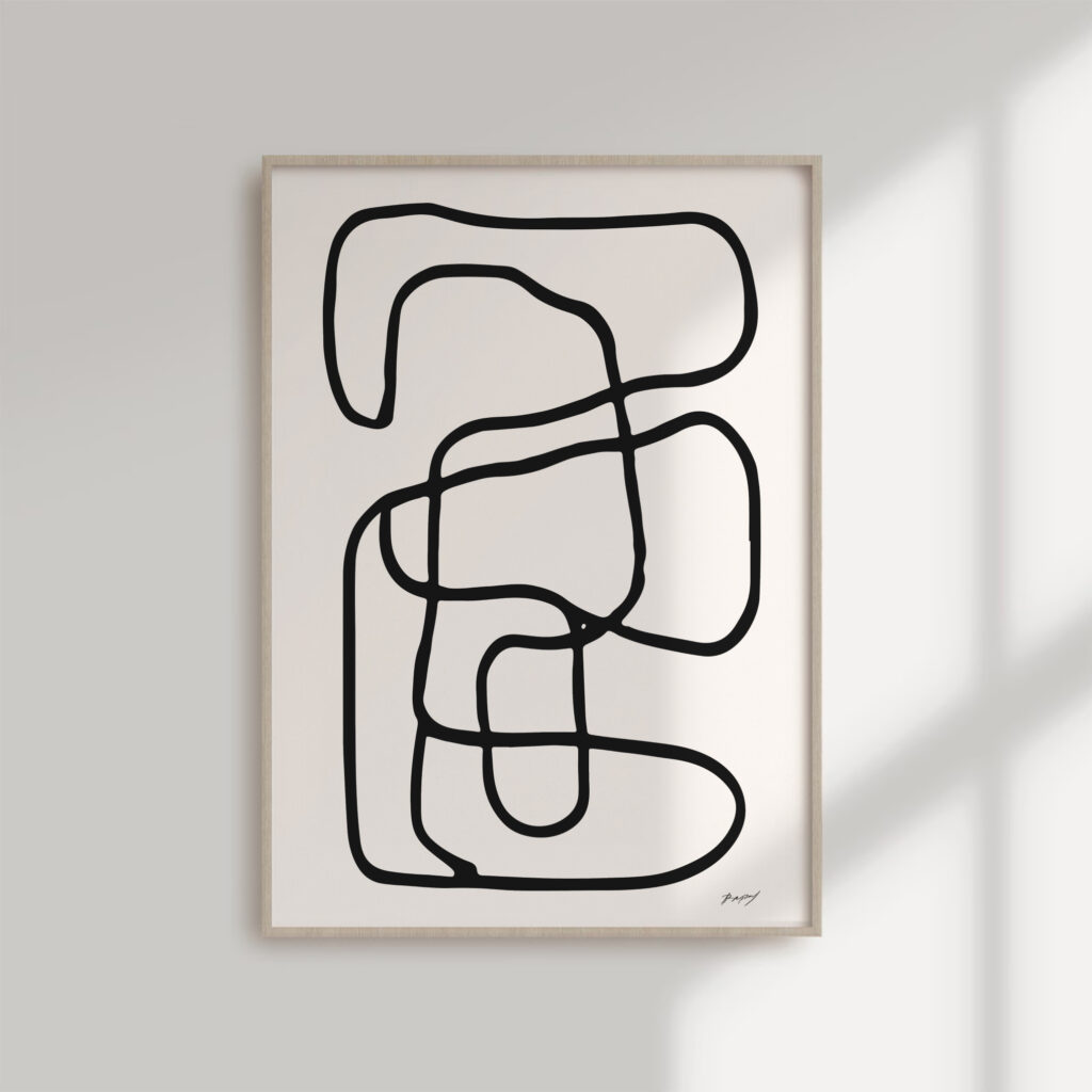 Minimalist black line art with flowing organic shapes in light wooden frame.