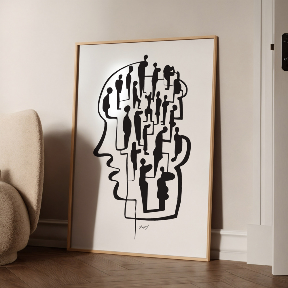Abstract black and white profile art with geometric shapes inside a head silhouette.