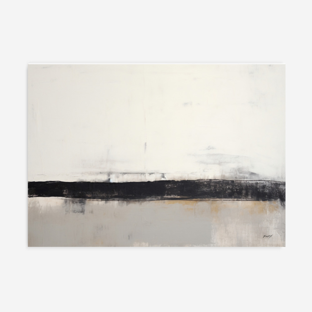 Minimalist abstract painting with dark horizontal line dividing light neutral background