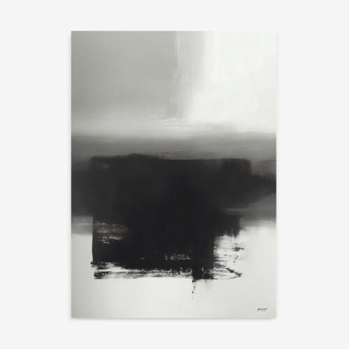 Dramatic black horizon beneath misty gray gradient in minimalist abstract composition.