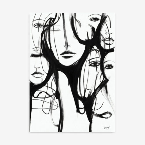 Abstract black ink brushstrokes suggesting ethereal figures against white background.
