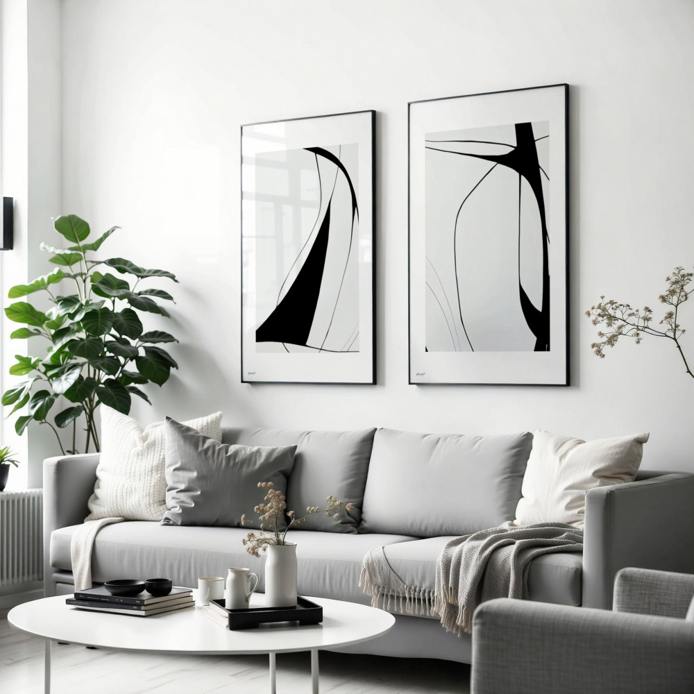 Black and white abstract line art in minimalist gray living room with plants.