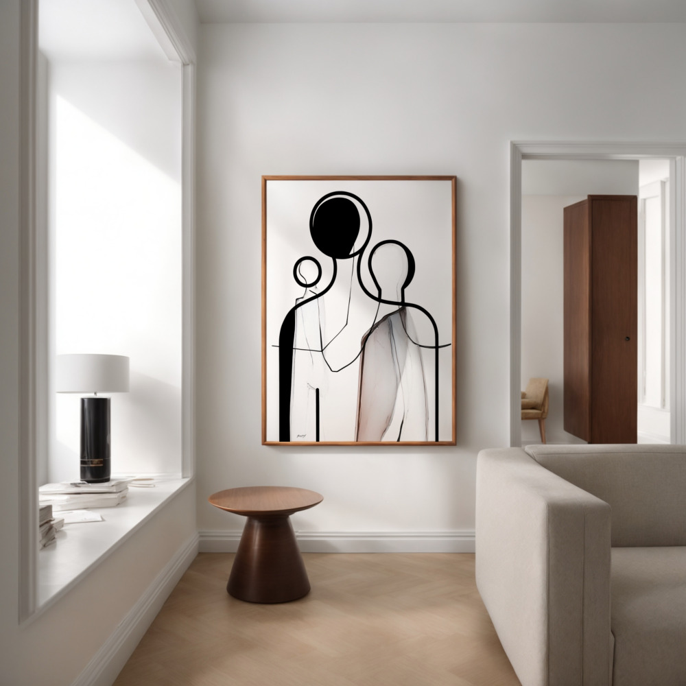 Modern black and white abstract art with circular shapes in minimalist living space.