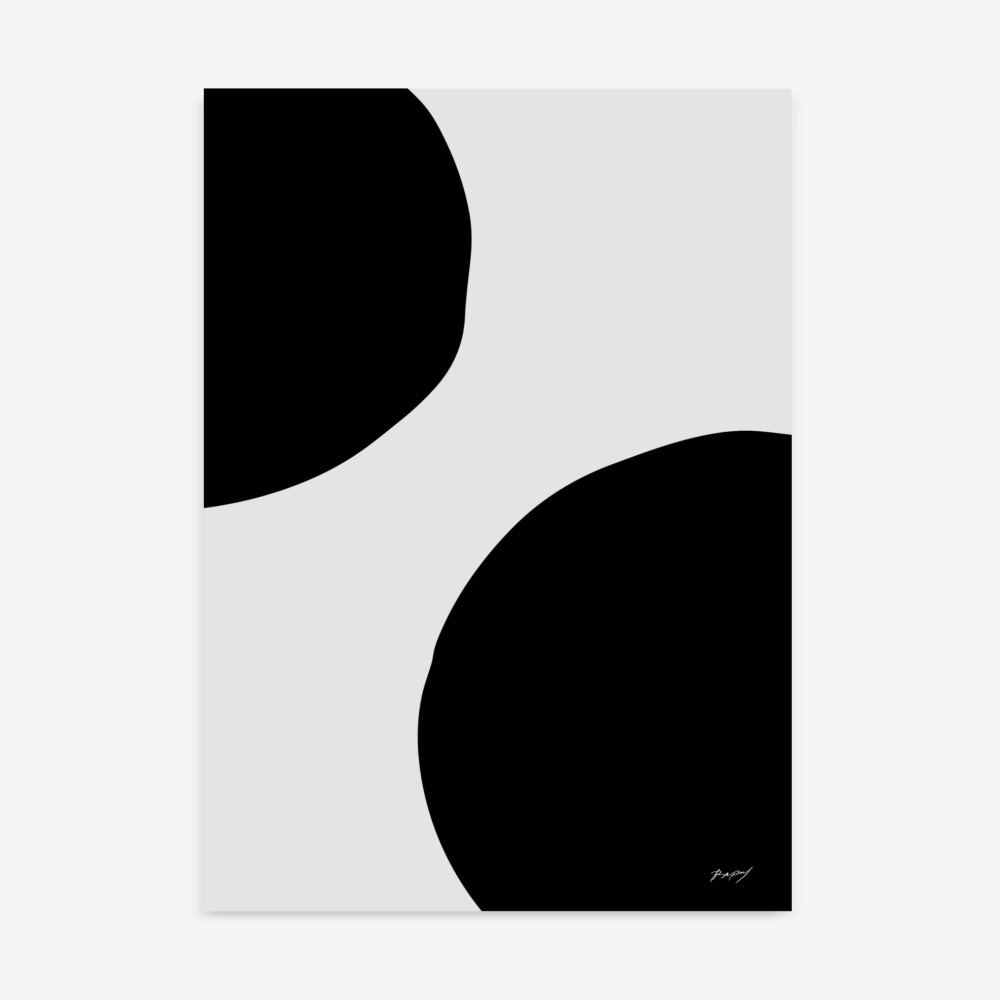 Abstract black curved shapes on gray background creating minimalist geometric composition