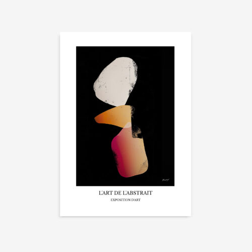 Minimalist abstract art with white, orange, and pink geometric shapes on black background.