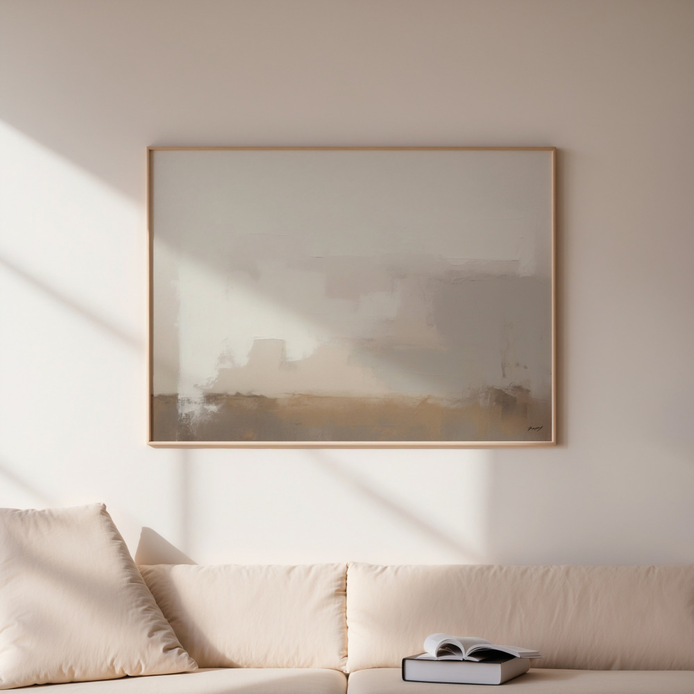 Serene abstract landscape art in soft beige tones above minimalist cream sofa