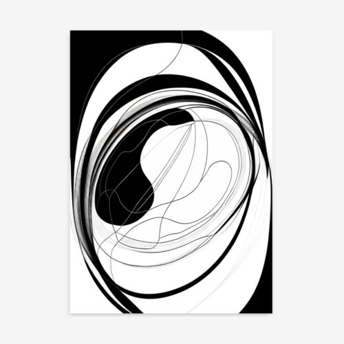 Bold curved lines create dynamic black and white abstract with spiral center pattern.