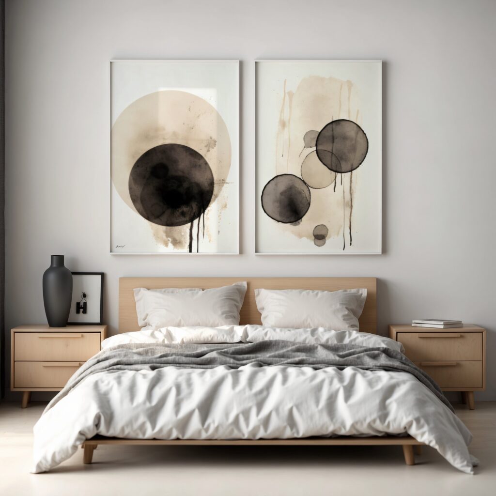 Abstract wabi-sabi artwork hanging above bed in minimalist modern bedroom.