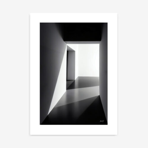 Dramatic light and shadow play in a minimalist architectural corridor.