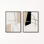 Minimalist abstract diptych with curved black lines and beige shapes on white background