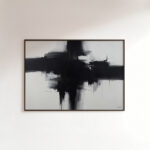Dramatic black brushstrokes forming intersecting lines on white canvas, framed in brown.