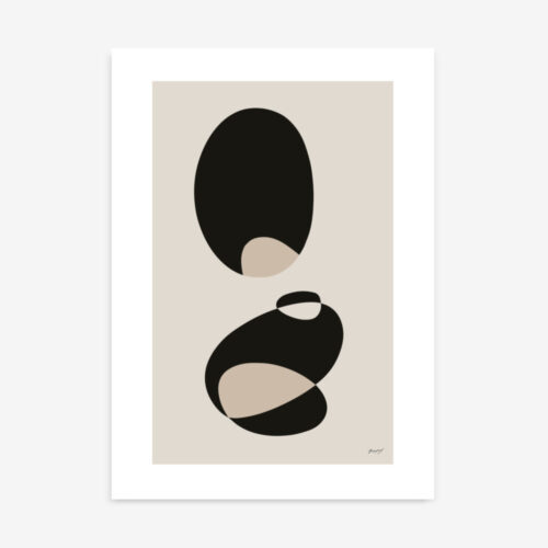 Minimal abstract art featuring two black organic shapes on beige background