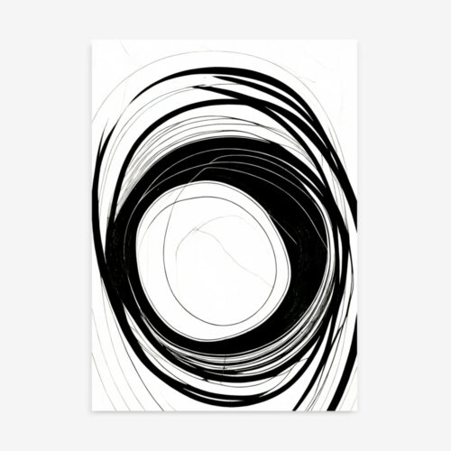 Black spiral vortex on white background creates dramatic minimalist abstract composition.