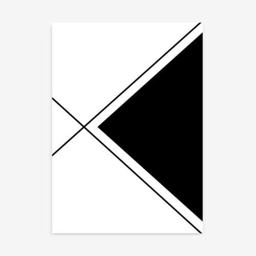 Black triangle balances against minimalist intersecting lines on white background.