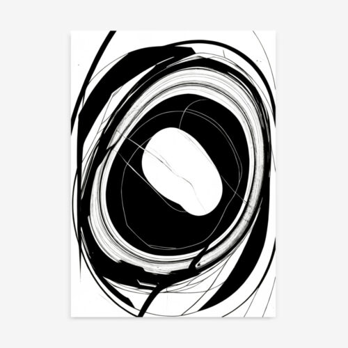 Bold abstract spiral pattern in black and white creating dramatic visual movement