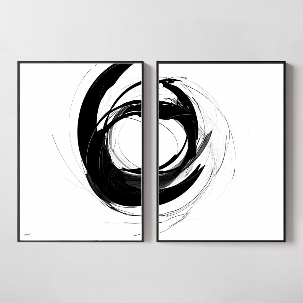 Minimalist black circle brushstroke spanning two framed panels - abstract Japanese-inspired wall art.