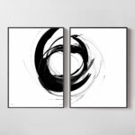 Minimalist black circle brushstroke spanning two framed panels - abstract Japanese-inspired wall art.