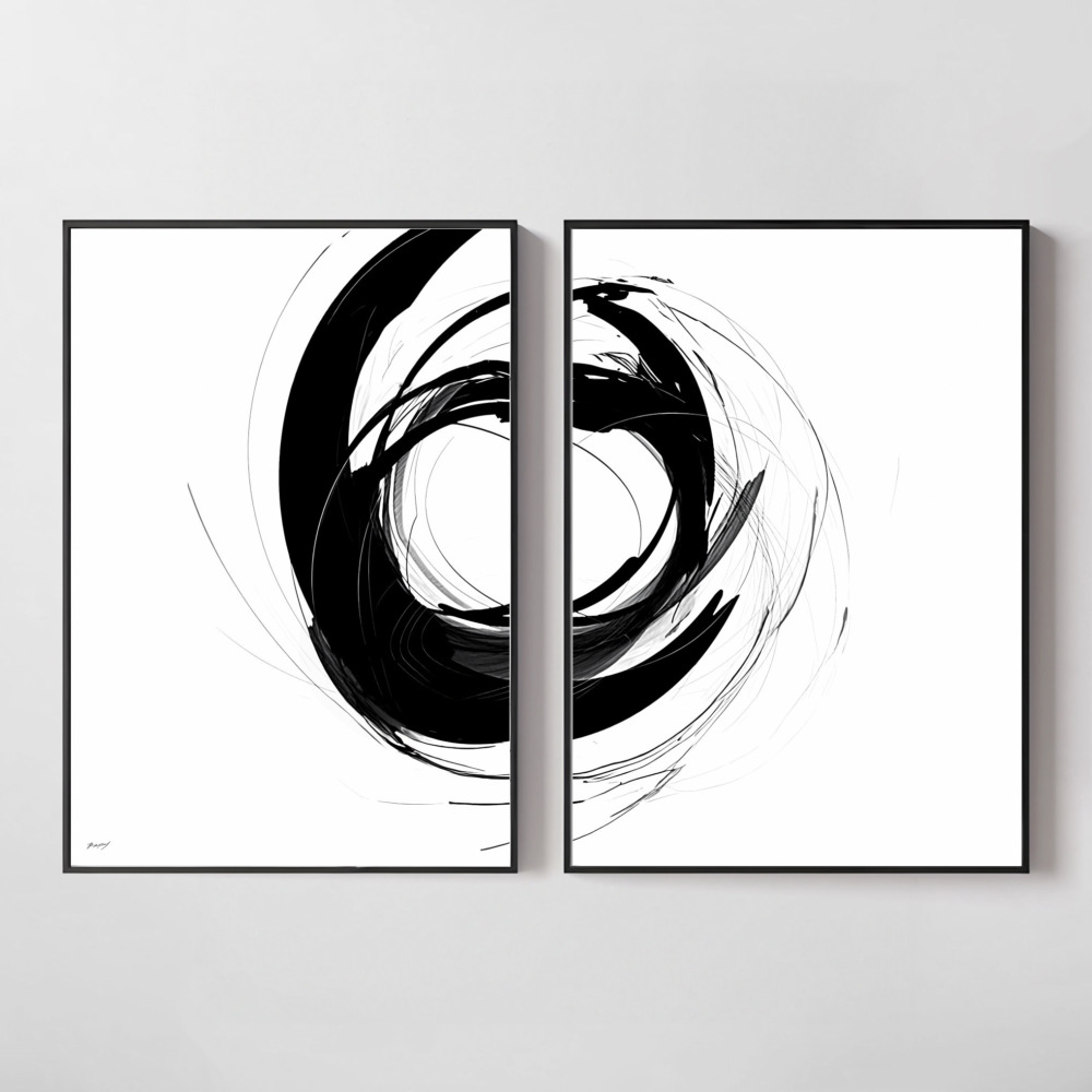 Minimalist black circle brushstroke spanning two framed panels - abstract Japanese-inspired wall art.