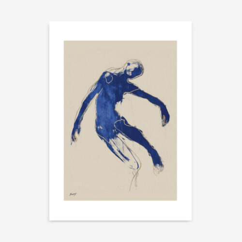 Blue figure in motion with abstract brushstrokes showing dynamic dance movement