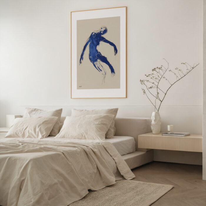 Minimalist blue figure artwork above bed in serene neutral bedroom with branch decor.