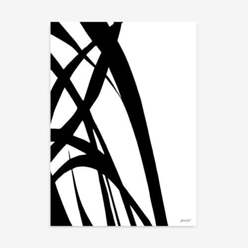 Bold black brushstrokes dance across white canvas in minimalist abstract expressionism.