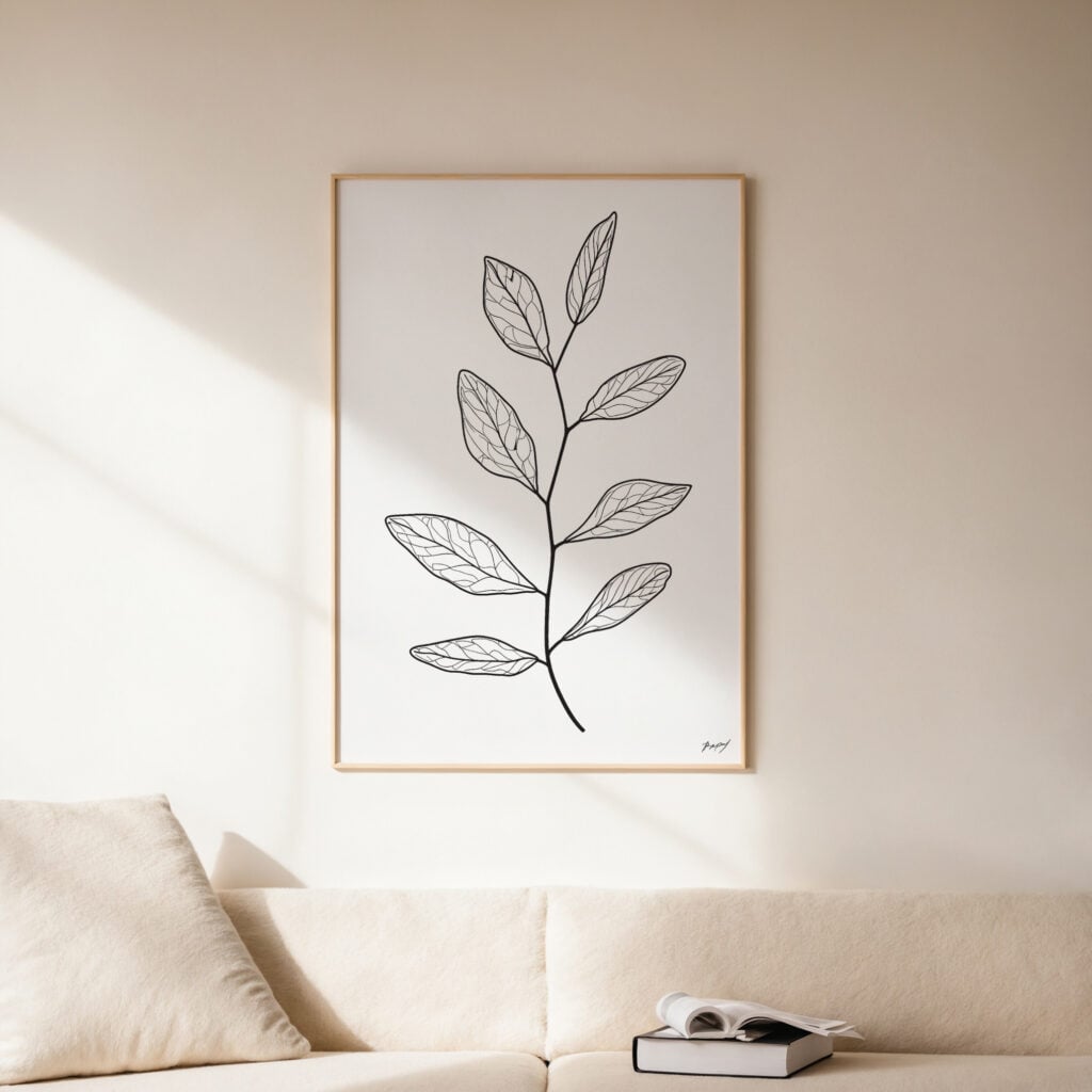 Minimalist botanical line drawing in wooden frame on cream wall above neutral sofa