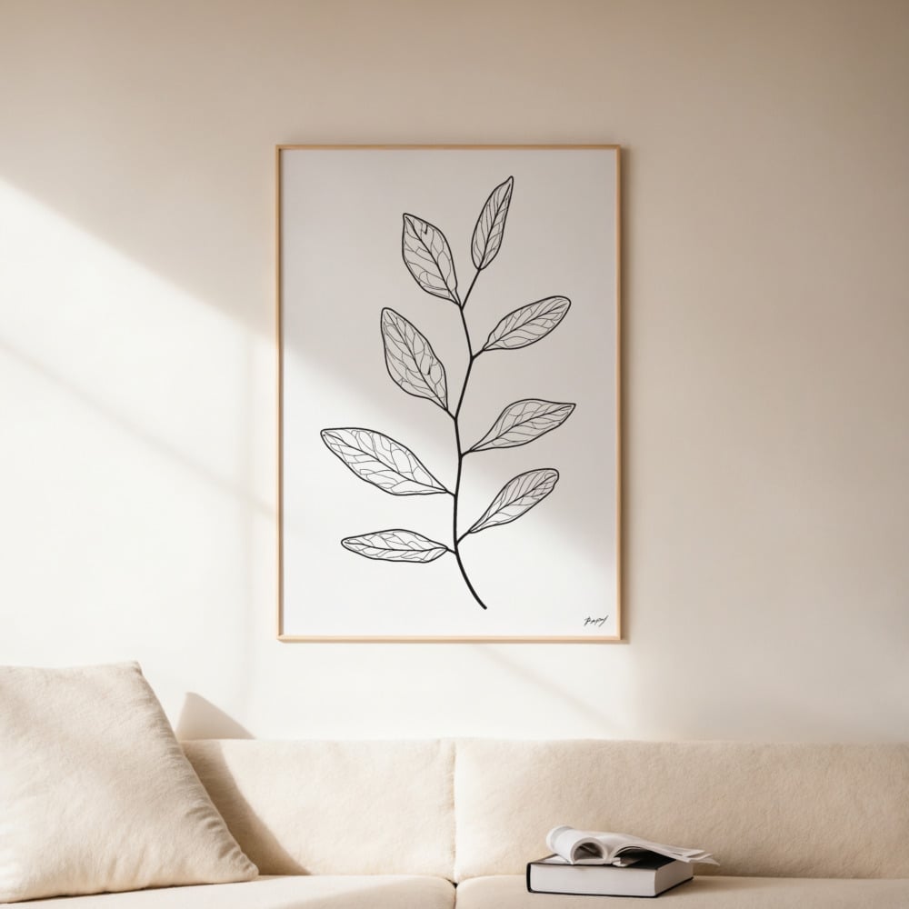 Minimalist botanical line drawing in wooden frame on cream wall above neutral sofa