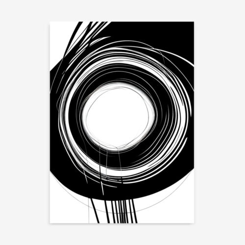 Black and white abstract with concentric circles and radiating lines creating a portal effect.