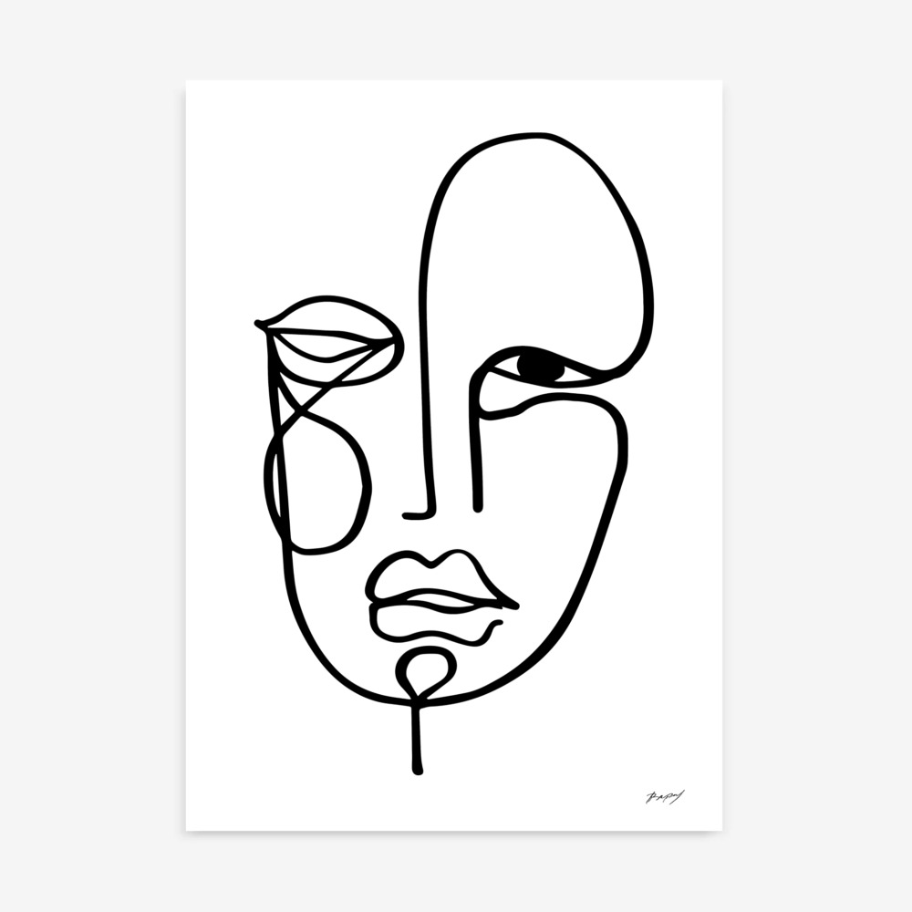 Minimalist abstract face created with single continuous black line on white background.