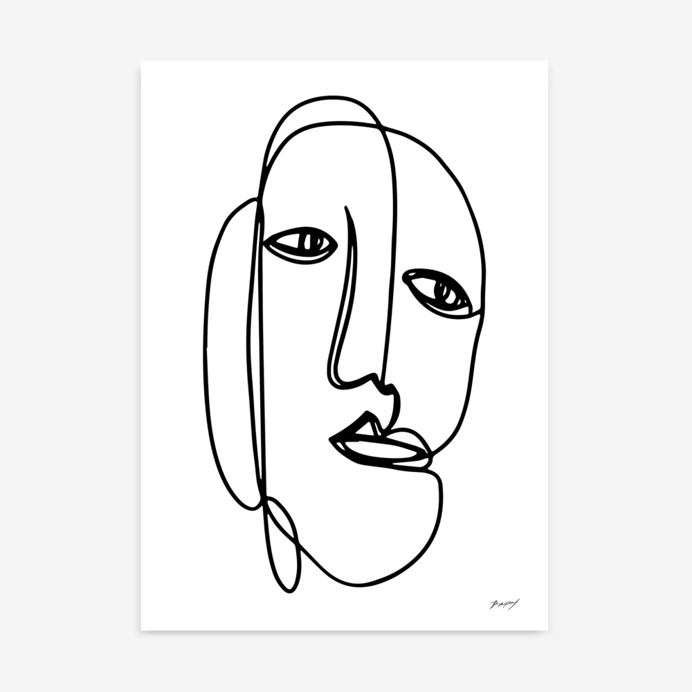 Minimalist continuous line face drawing with abstract overlapping profiles
