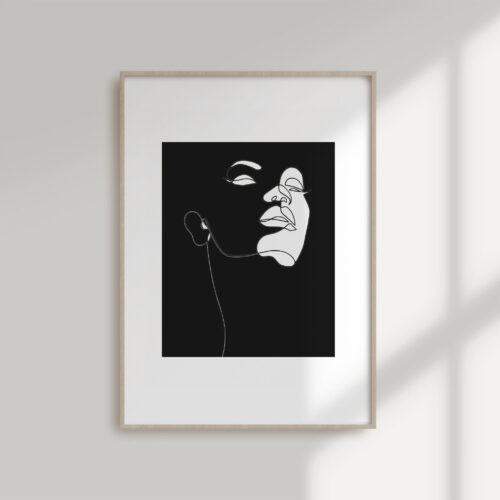 Black and white minimalist portrait with microphone silhouette in natural wooden frame