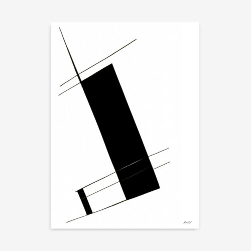 Black geometric rectangle intersects with thin horizontal lines on white background.