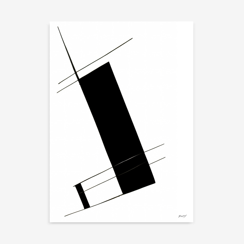 Black geometric rectangle intersects with thin horizontal lines on white background.