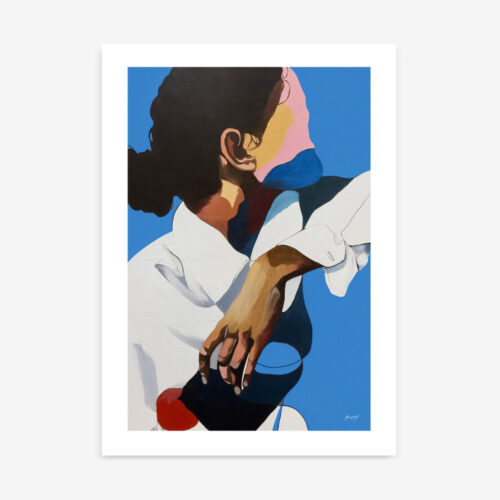 Stylized figure in white garment against vibrant blue background, holding accessory.