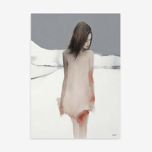 Ethereal figure in nude dress against minimalist watercolor landscape