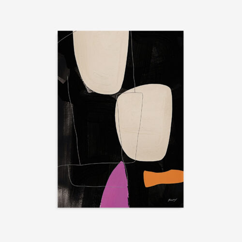 Abstract minimalist artwork featuring cream shapes with magenta and orange accents on black background.