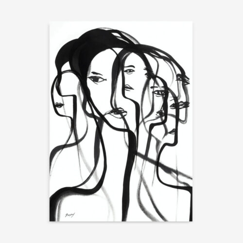 Flowing black ink brushstrokes form multiple overlapping faces in abstract minimalist style.