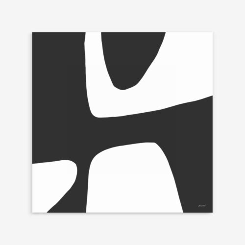 Minimalist abstract art with flowing white shapes against deep black background.