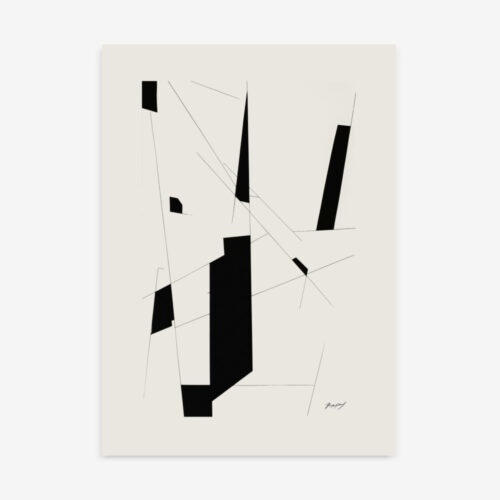 Minimalist geometric composition with black shapes and linear elements on cream background