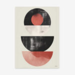 Abstract geometric composition with stacked black and coral circles on cream background.