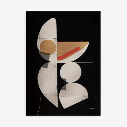 Abstract geometric composition with curved shapes in white, beige and red on black