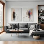 Minimal living room with abstract art above gray sectional sofa and wooden accents.