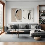 Modern living room with gray sectional, abstract wall art and wooden accents.